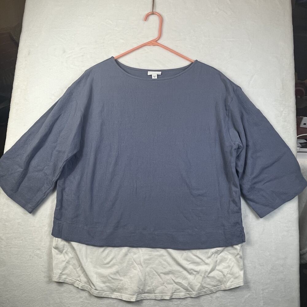 Pure Jill Linen Blend Shirt Hem Women Size Medium Blue Crinkly Lagenlook Coastal